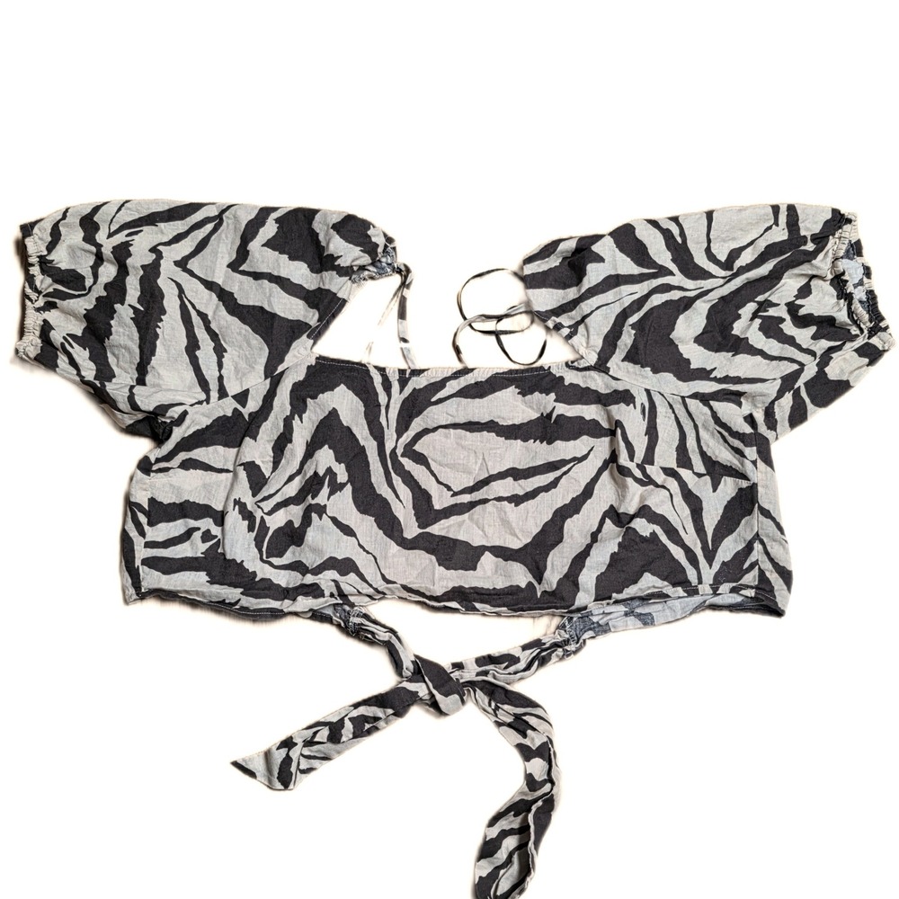 H&M Zebra Print Crop Top Blouse Women's Size XL Tan Black Linen Blend Tie Front